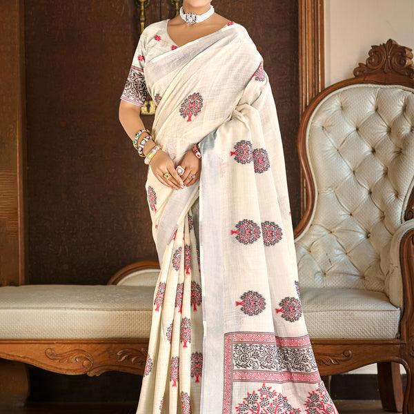Sangam Prints Crem Linen Woven Work Traditional Saree - Distacart