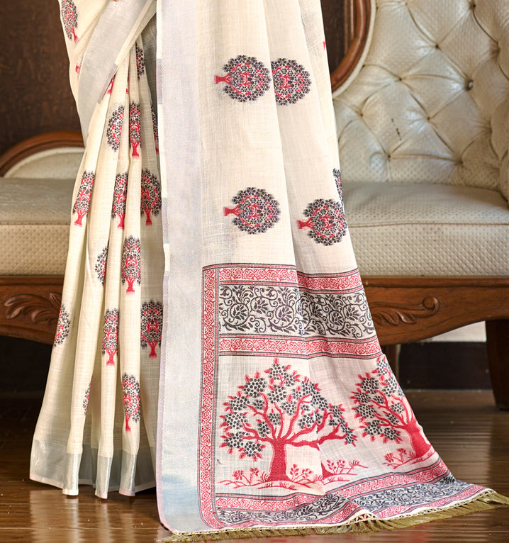 Sangam Prints Crem Linen Woven Work Traditional Saree