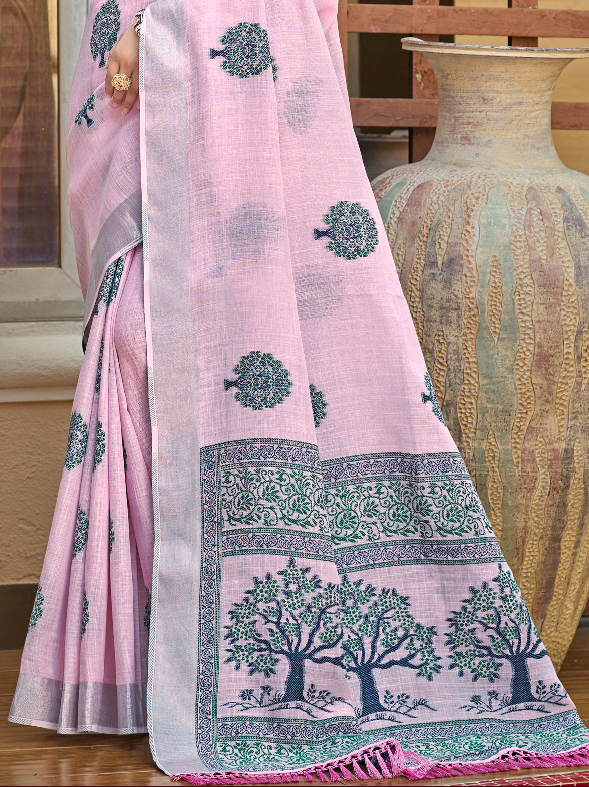 Sangam Prints Pink Linen Woven Work Traditional Saree
