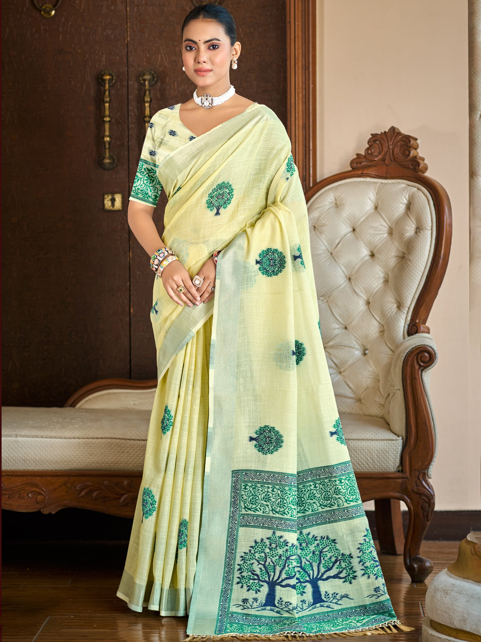 Sangam Prints Yellow Linen Woven Work Traditional Saree