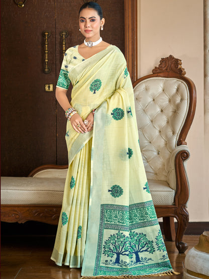 Sangam Prints Yellow Linen Woven Work Traditional Saree - Distacart