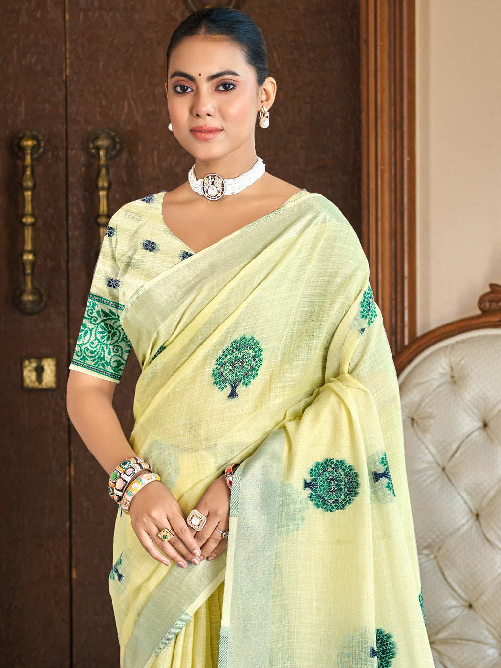 Sangam Prints Yellow Linen Woven Work Traditional Saree