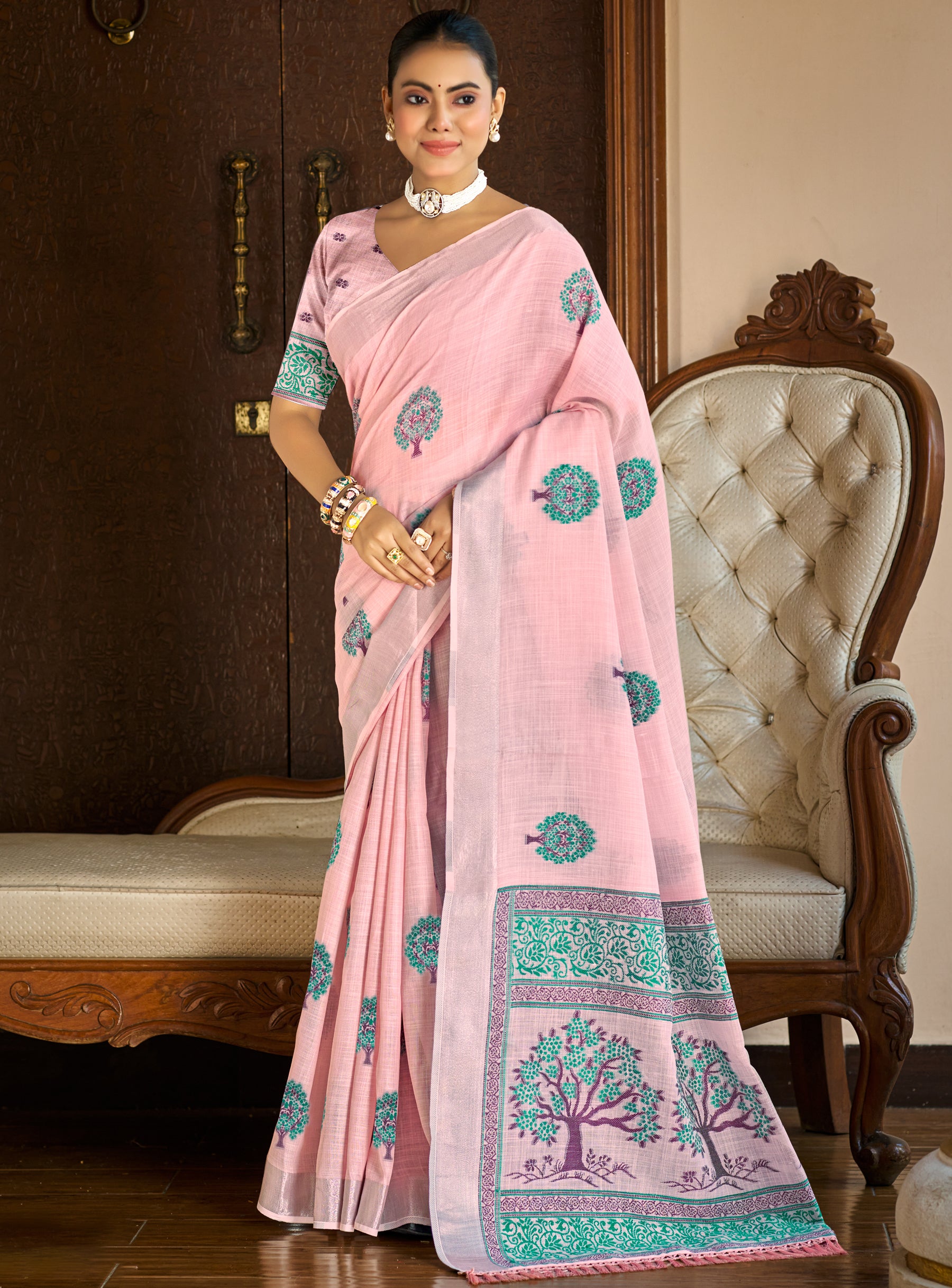 Sangam Prints Dark Pink Linen Woven Work Traditional Saree