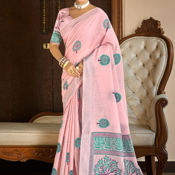 Sangam Prints Dark Pink Linen Woven Work Traditional Saree - Distacart