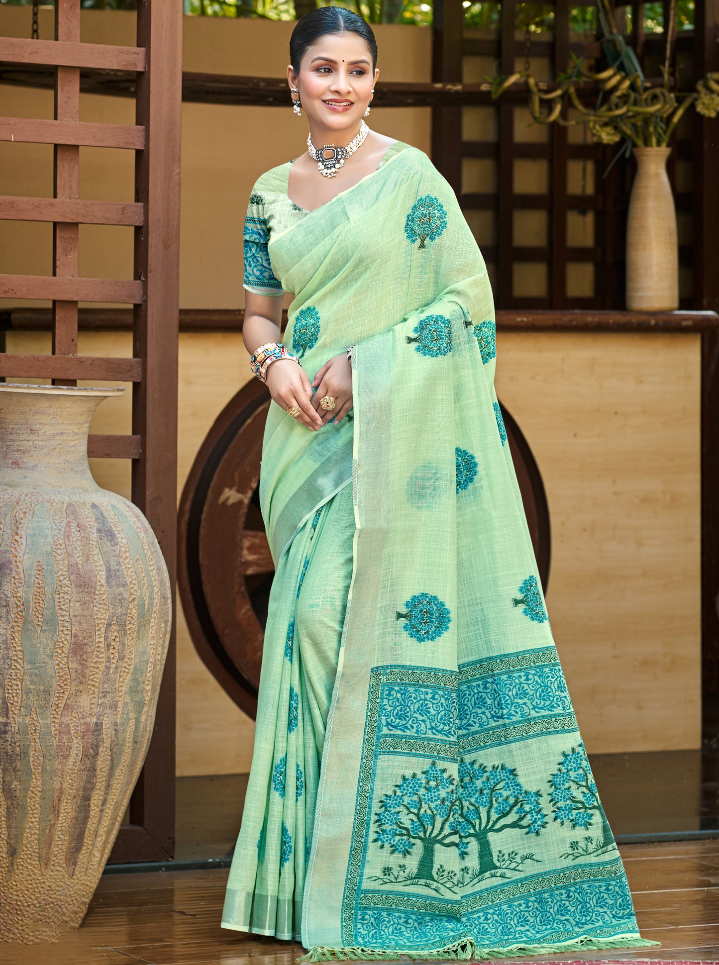 Sangam Prints Green Linen Woven Work Traditional Saree - Distacart