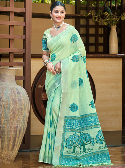 Sangam Prints Green Linen Woven Work Traditional Saree - Distacart