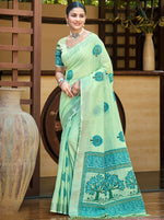 Thumbnail for Sangam Prints Green Linen Woven Work Traditional Saree