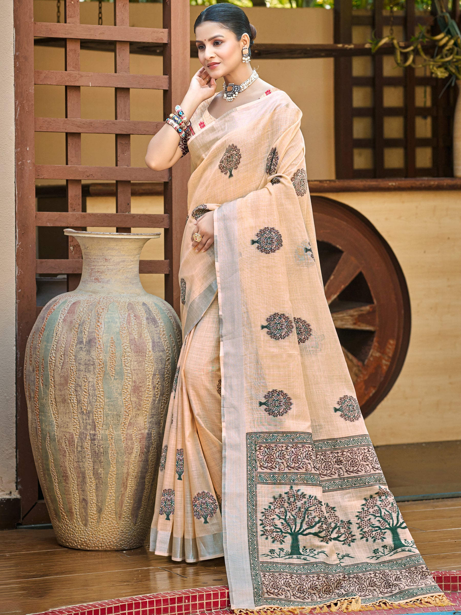 Sangam Prints Peach Linen Woven Work Traditional Saree