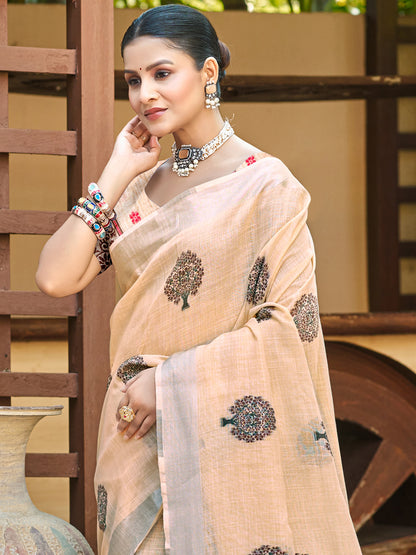 Sangam Prints Peach Linen Woven Work Traditional Saree - Distacart