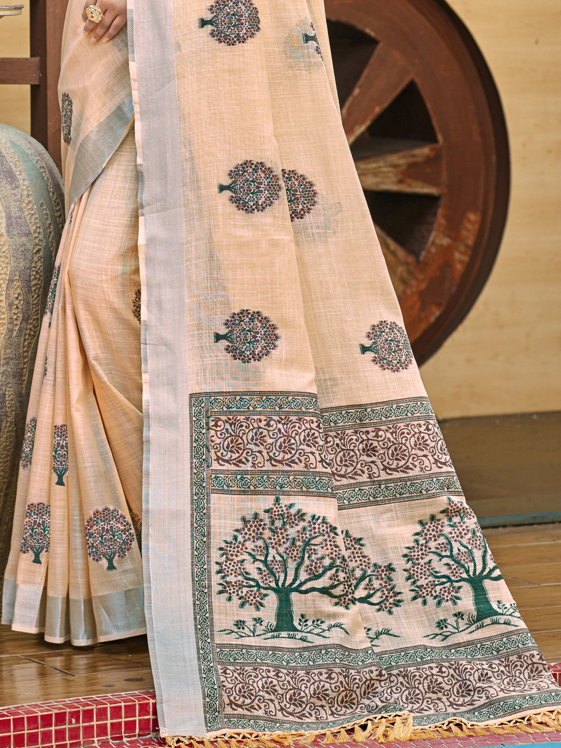 Sangam Prints Peach Linen Woven Work Traditional Saree