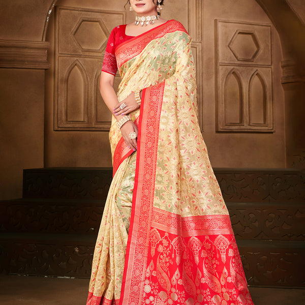 Sangam Prints Cream Silk Woven Work Traditional Saree