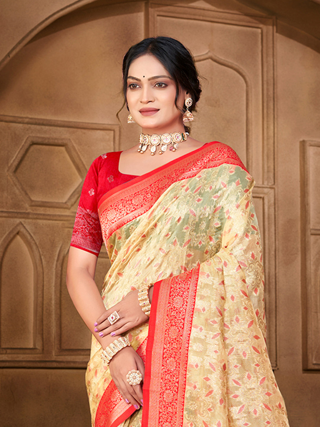 Sangam Prints Cream Silk Woven Work Traditional Saree