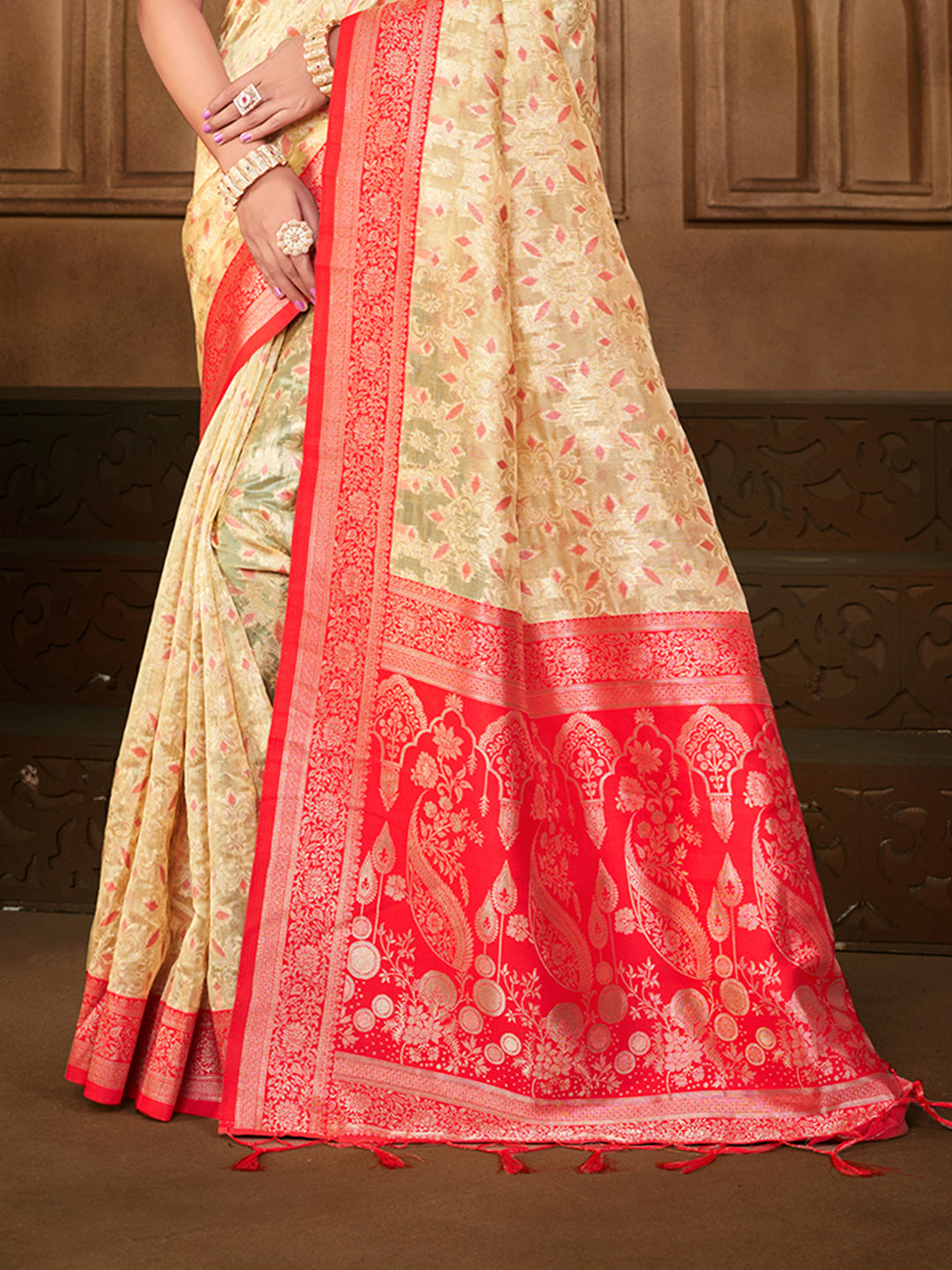 Sangam Prints Cream Silk Woven Work Traditional Saree