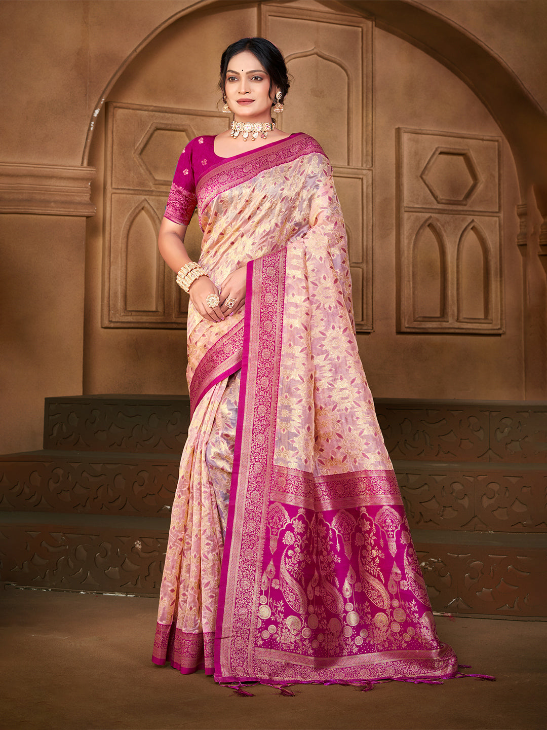 Sangam Prints Peach  Silk Woven Work Traditional Saree