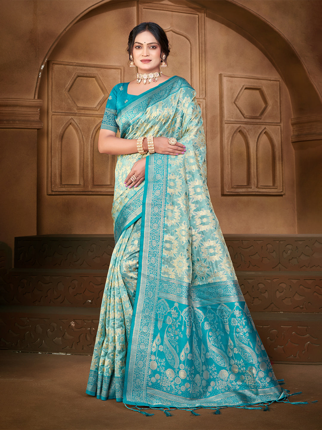 Sangam Prints Light Blue Silk Woven Work Traditional Saree
