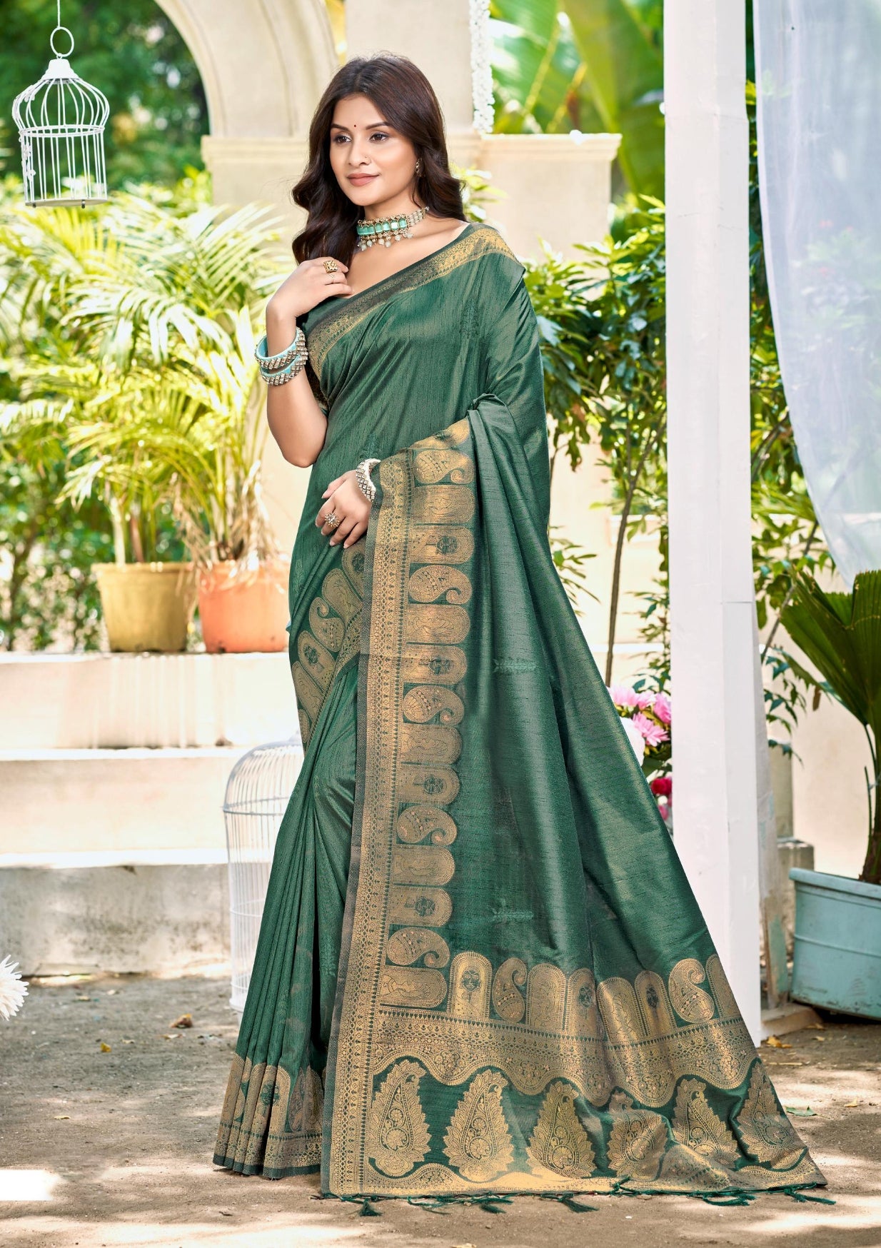 Sangam Prints Dark Green Assam Silk Woven Work Traditional Saree