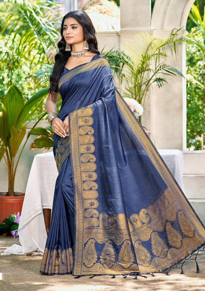 Sangam Prints Navy Blue Assam Silk Woven Work Traditional Saree - Distacart