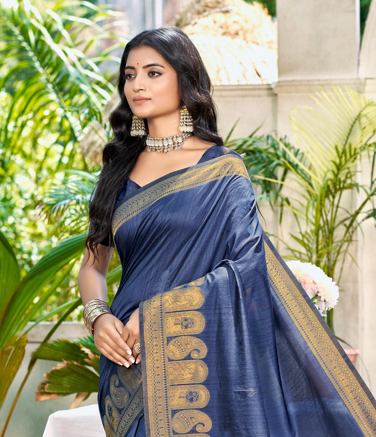 Sangam Prints Navy Blue Assam Silk Woven Work Traditional Saree