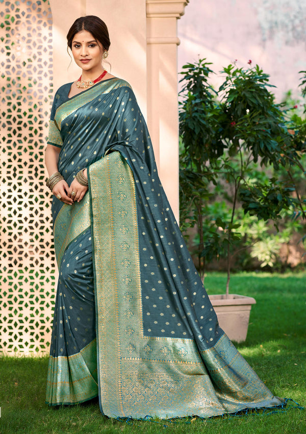 Sangam Prints Dark Turquoise Assam Silk Woven Work Traditional Saree