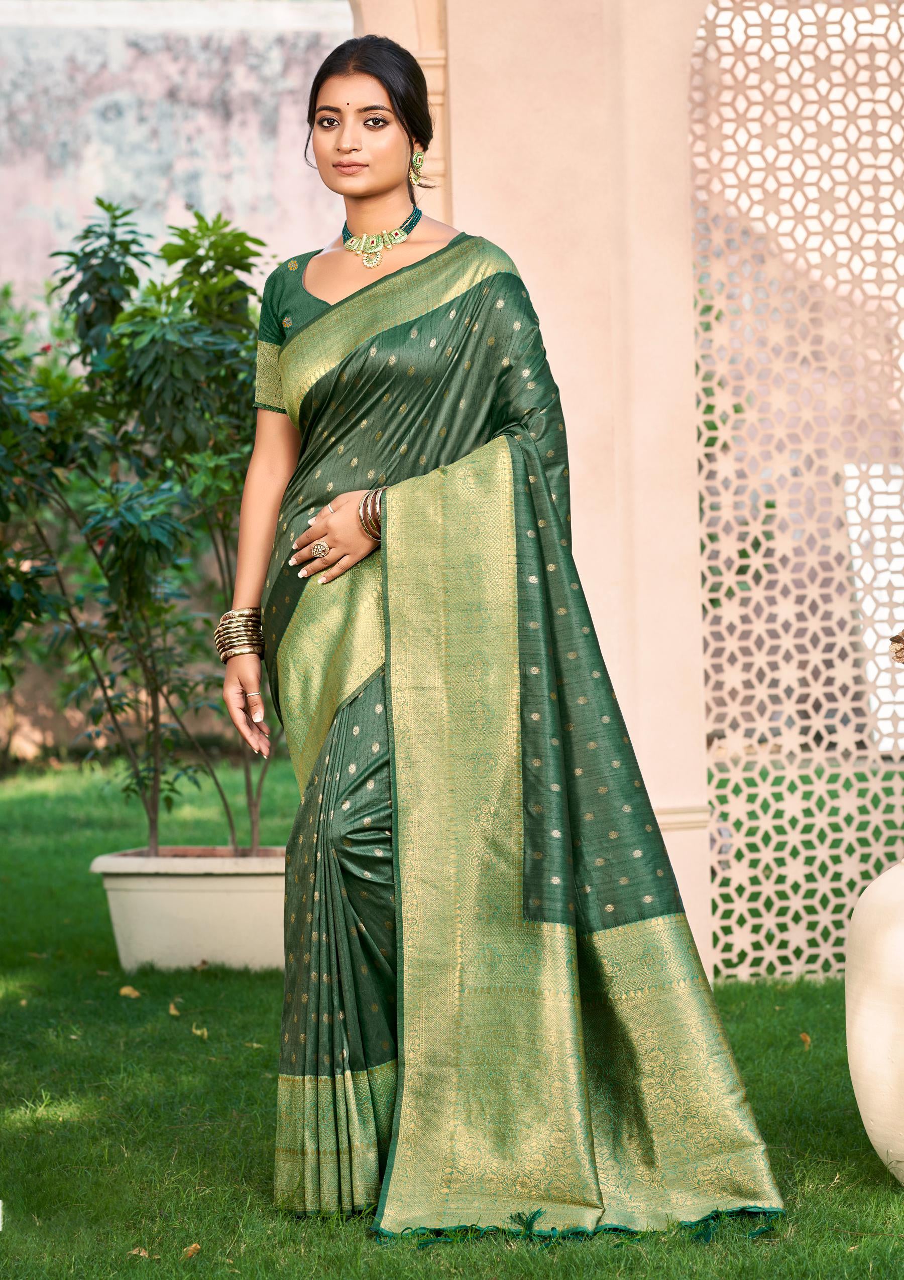 Sangam Prints Dark green Assam Silk Woven Work Traditional Saree