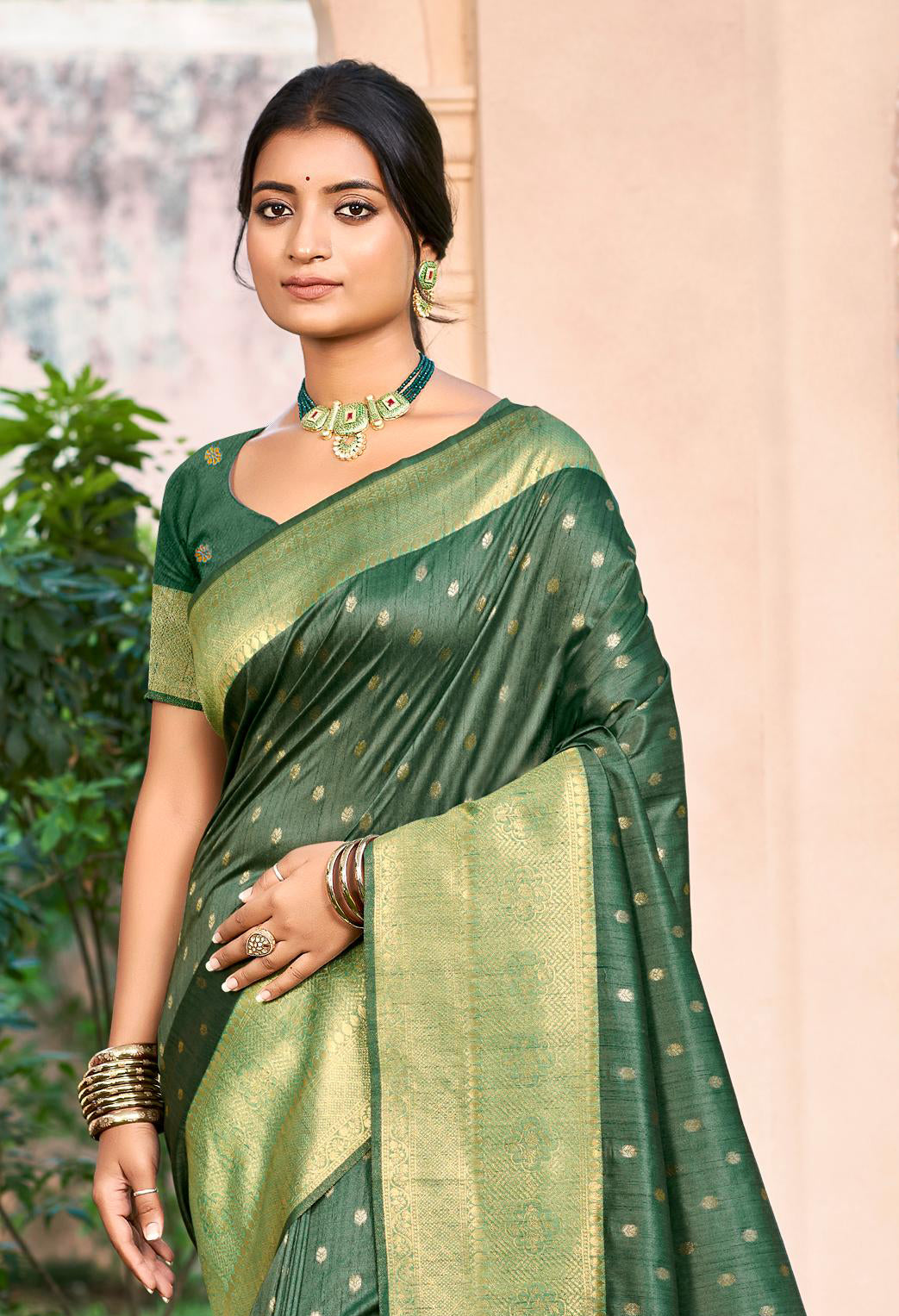 Sangam Prints Dark green Assam Silk Woven Work Traditional Saree
