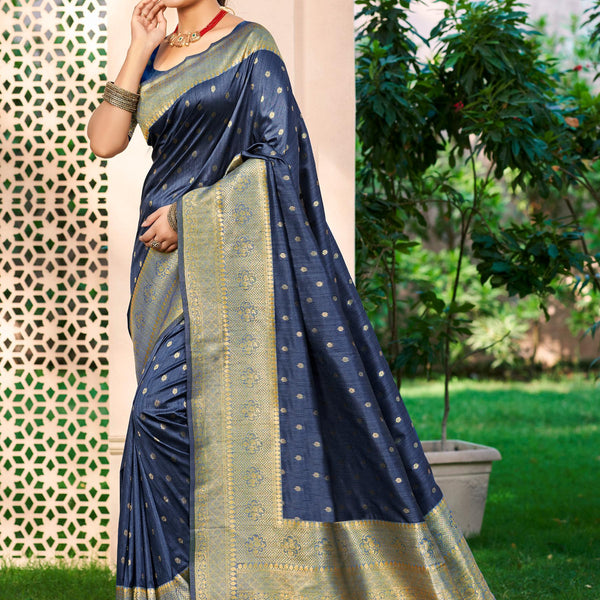 Sangam Prints Navy Blue Assam Silk Woven Work Traditional Saree