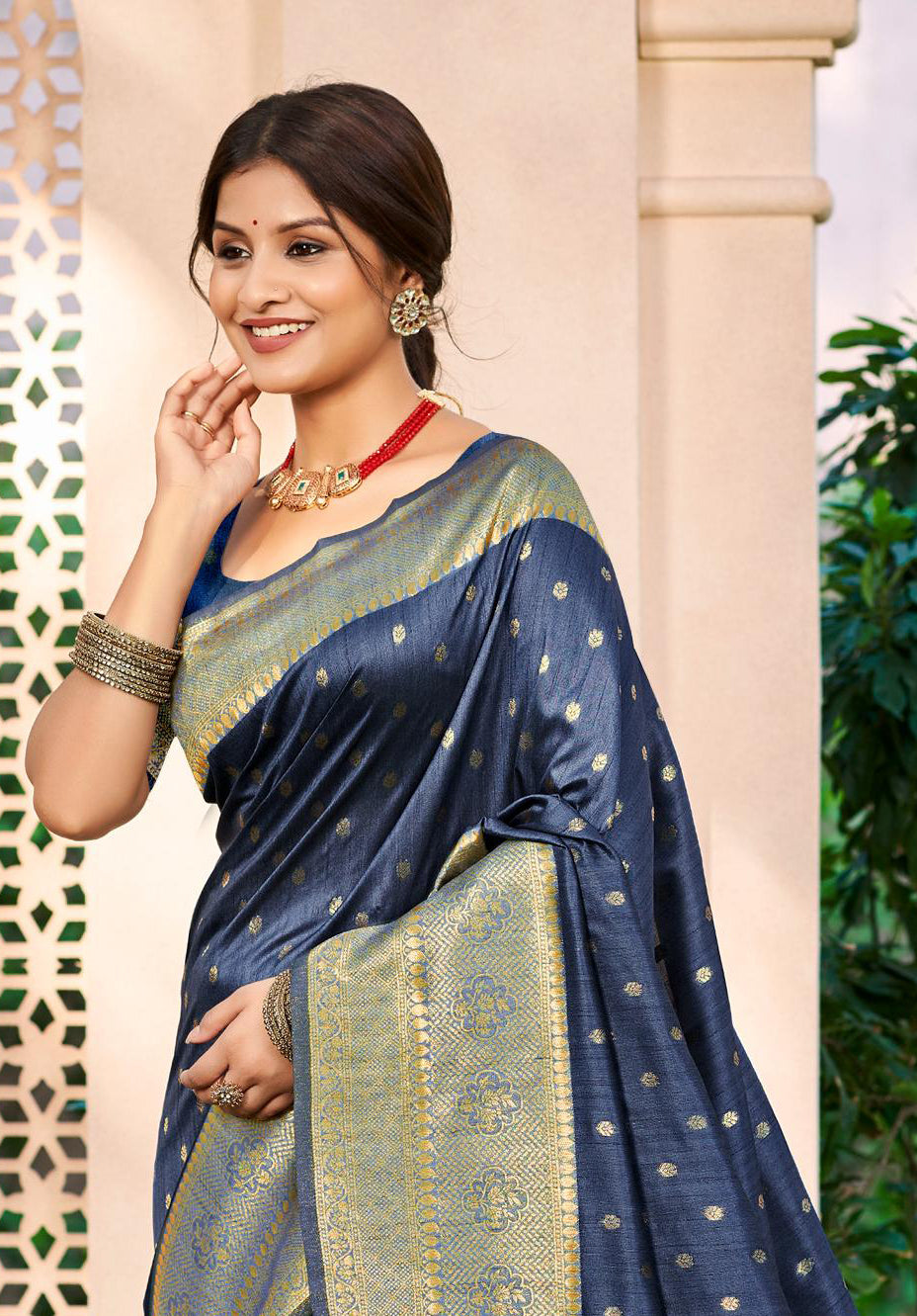 Sangam Prints Navy Blue Assam Silk Woven Work Traditional Saree