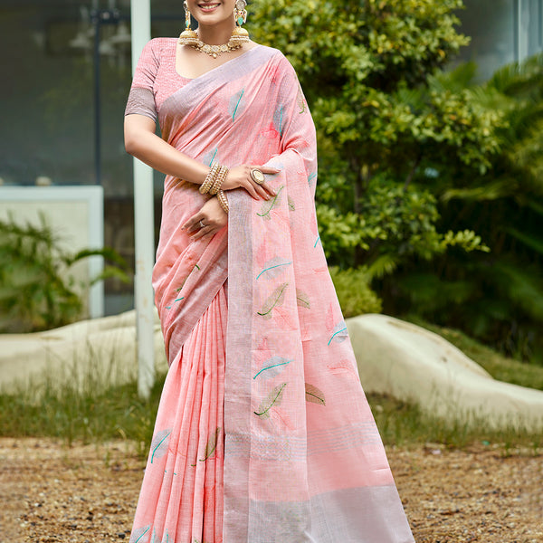 Sangam Prints Peach Linen Woven Work Traditional Saree