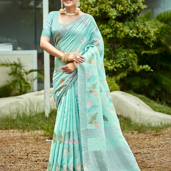 Sangam Prints Aqua Blue Linen Woven Work Traditional Saree
