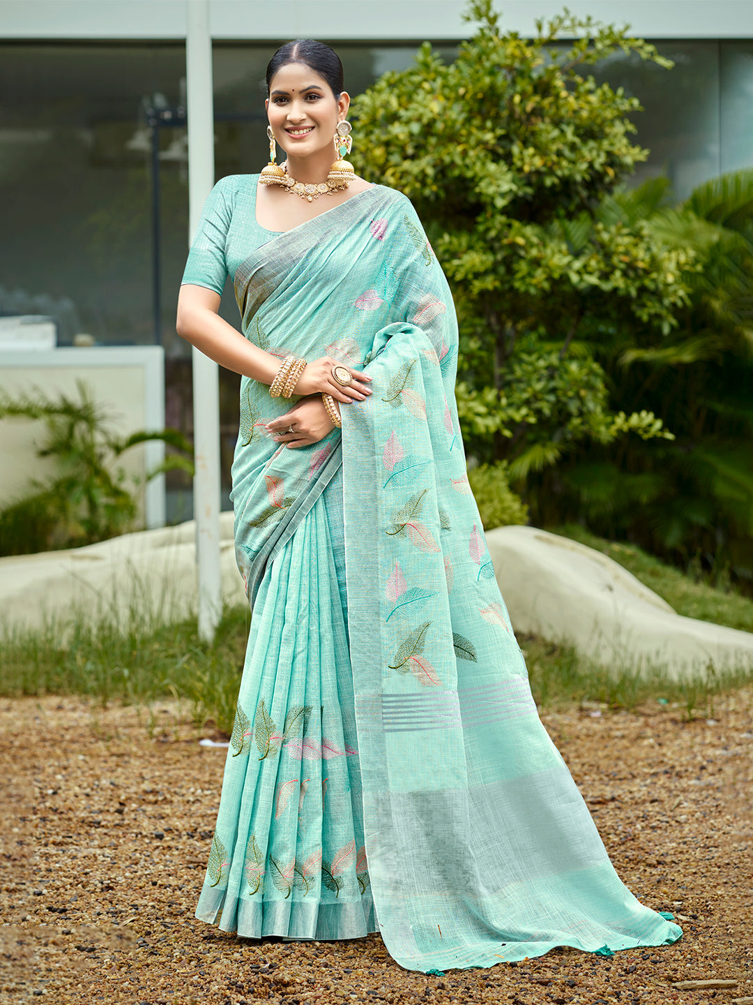 Sangam Prints Aqua Blue Linen Woven Work Traditional Saree