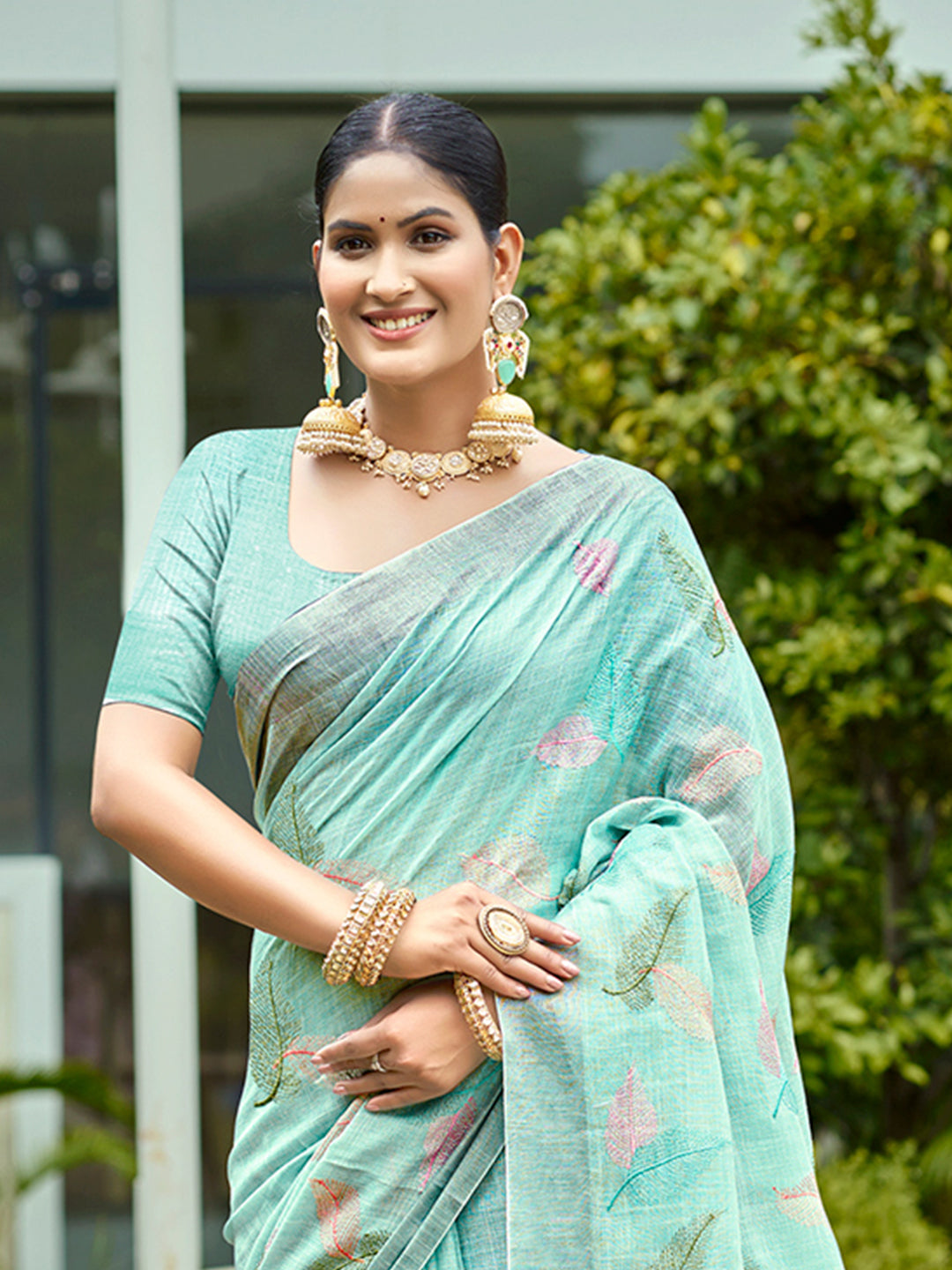 Sangam Prints Aqua Blue Linen Woven Work Traditional Saree