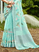 Thumbnail for Sangam Prints Aqua Blue Linen Woven Work Traditional Saree