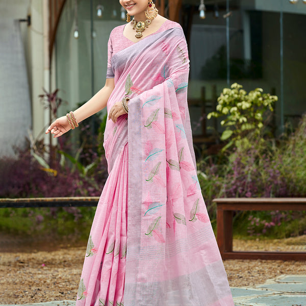 Sangam Prints Pink Linen Woven Work Traditional Saree