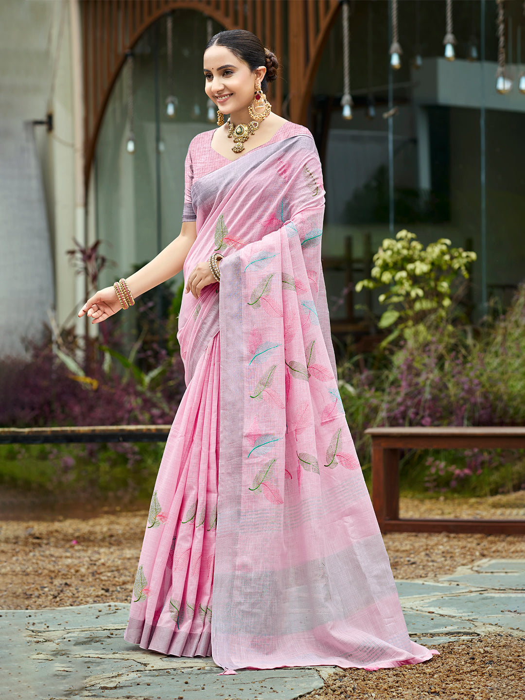 Sangam Prints Pink Linen Woven Work Traditional Saree - Distacart