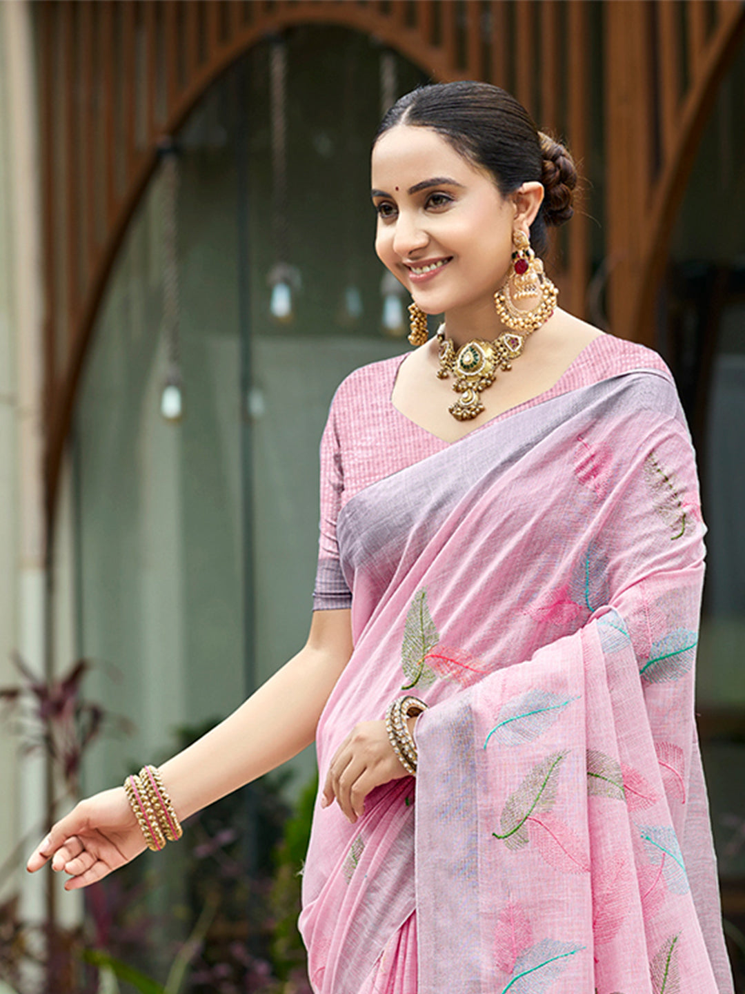 Sangam Prints Pink Linen Woven Work Traditional Saree - Distacart