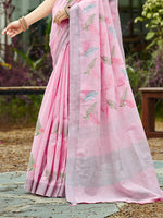 Thumbnail for Sangam Prints Pink Linen Woven Work Traditional Saree
