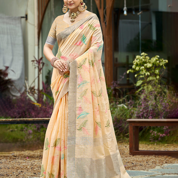 Sangam Prints Orange  Linen Woven Work Traditional Saree