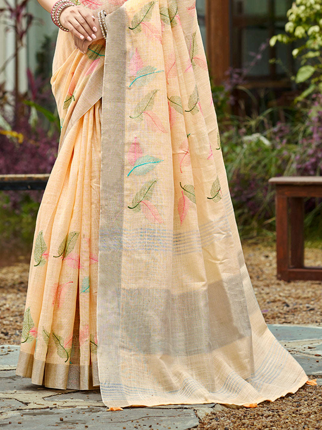 Sangam Prints Orange  Linen Woven Work Traditional Saree