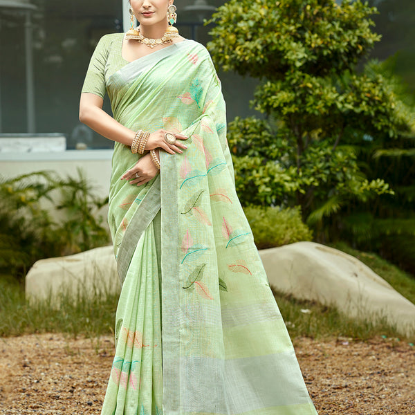 Sangam Prints Light Green Linen Woven Work Traditional Saree