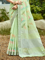 Thumbnail for Sangam Prints Light Green Linen Woven Work Traditional Saree