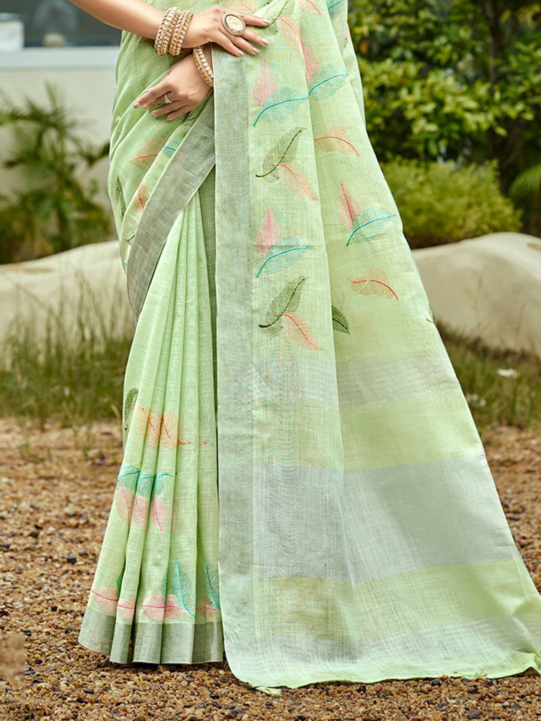 Sangam Prints Light Green Linen Woven Work Traditional Saree
