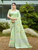 Thumbnail for Sangam Prints Light Green Linen Woven Work Traditional Saree