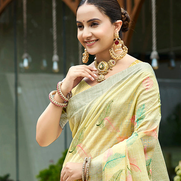 Sangam Prints Yellow Linen Woven Work Traditional Saree