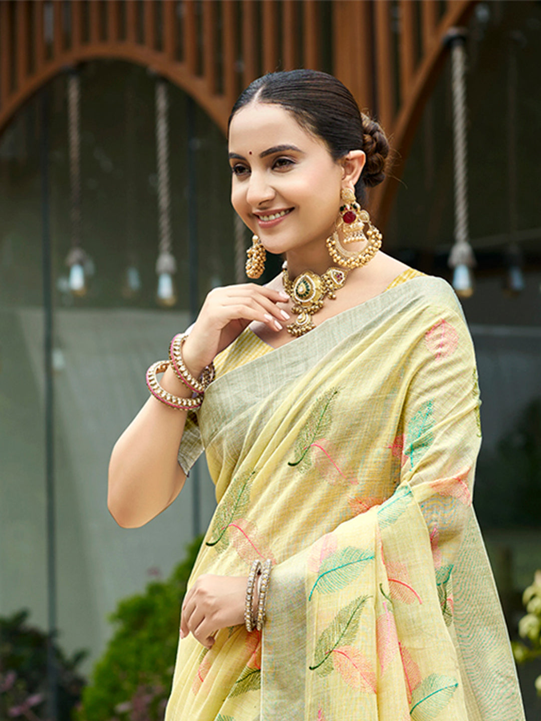 Sangam Prints Yellow Linen Woven Work Traditional Saree