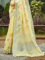 Thumbnail for Sangam Prints Yellow Linen Woven Work Traditional Saree