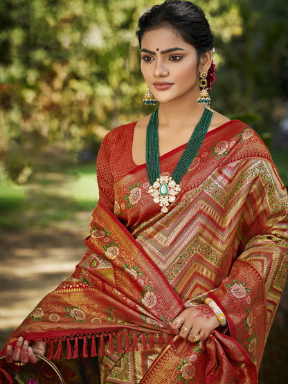 Sangam Prints Red Silk Woven Work Traditional Saree - Distacart