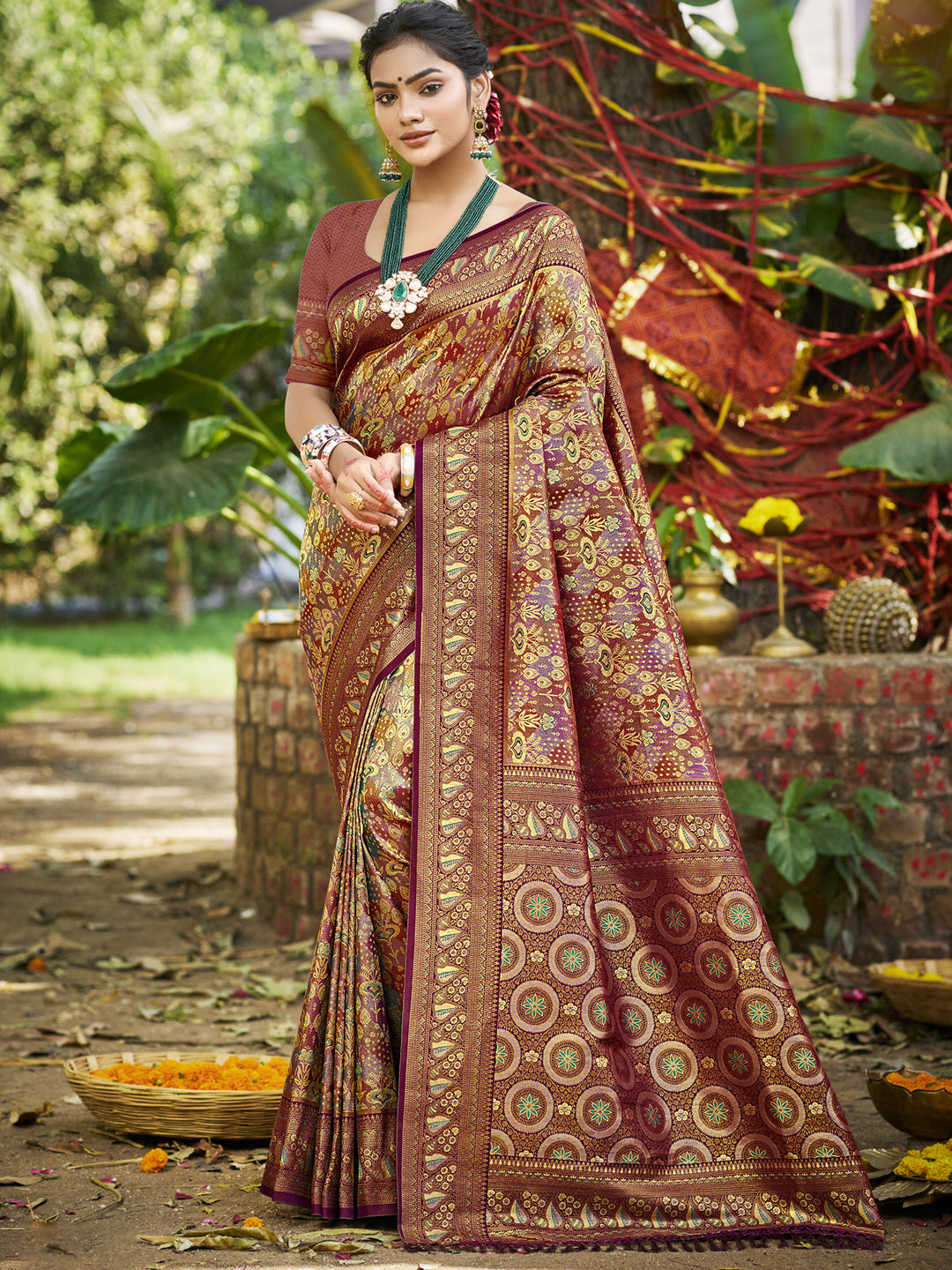 Sangam Prints Wine Silk Woven Work Traditional Saree - Distacart