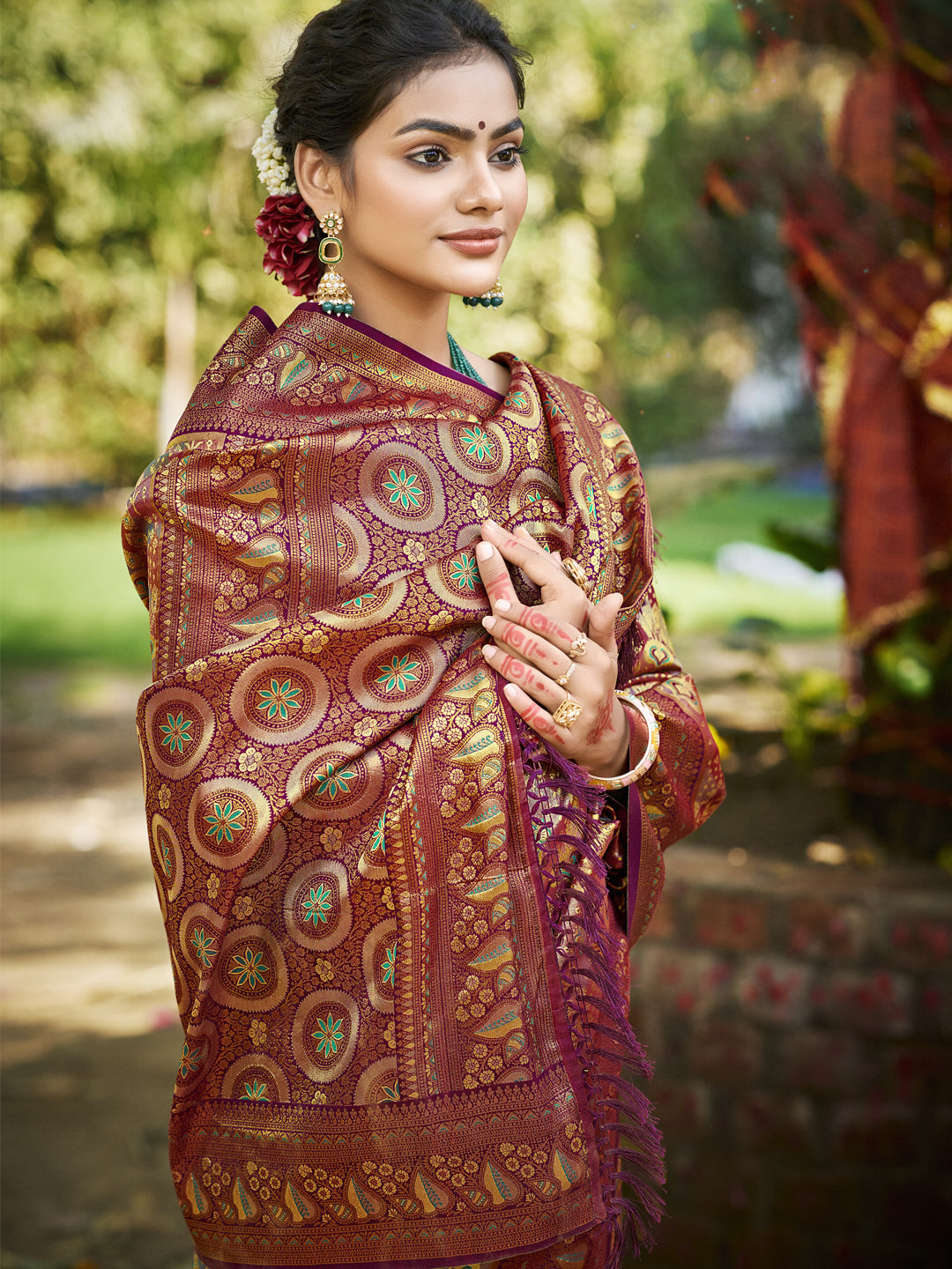 Sangam Prints Wine Silk Woven Work Traditional Saree
