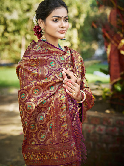 Sangam Prints Wine Silk Woven Work Traditional Saree - Distacart