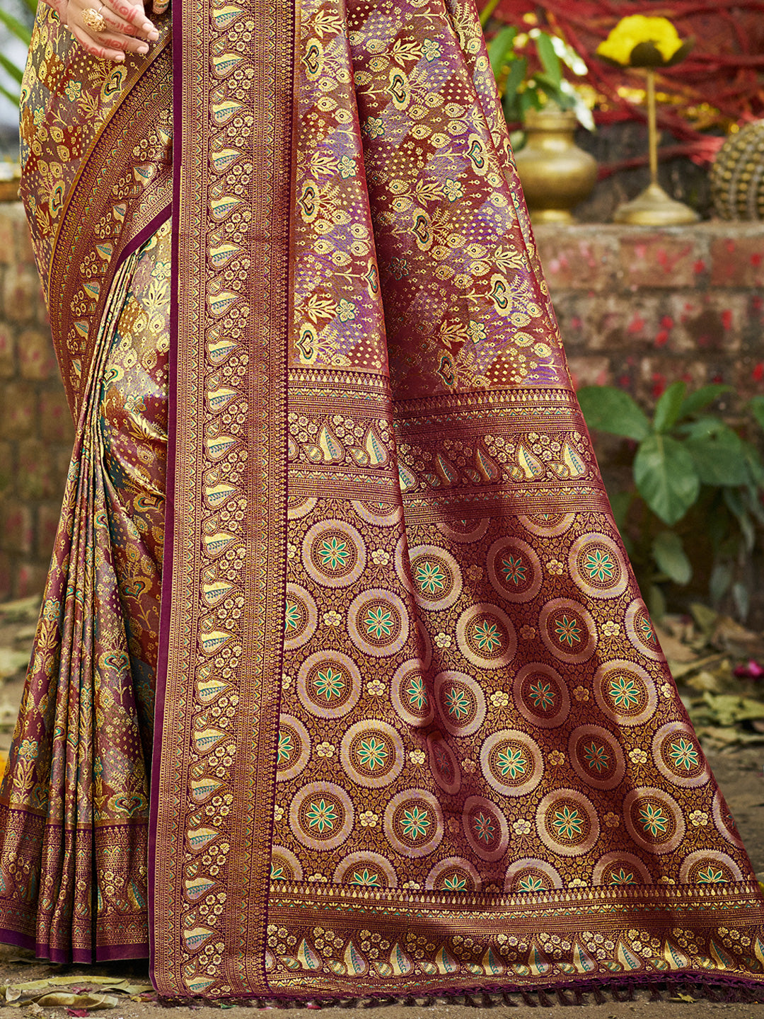 Sangam Prints Wine Silk Woven Work Traditional Saree - Distacart